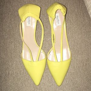 Max Mara pale yellow nappa leather kitten heels.